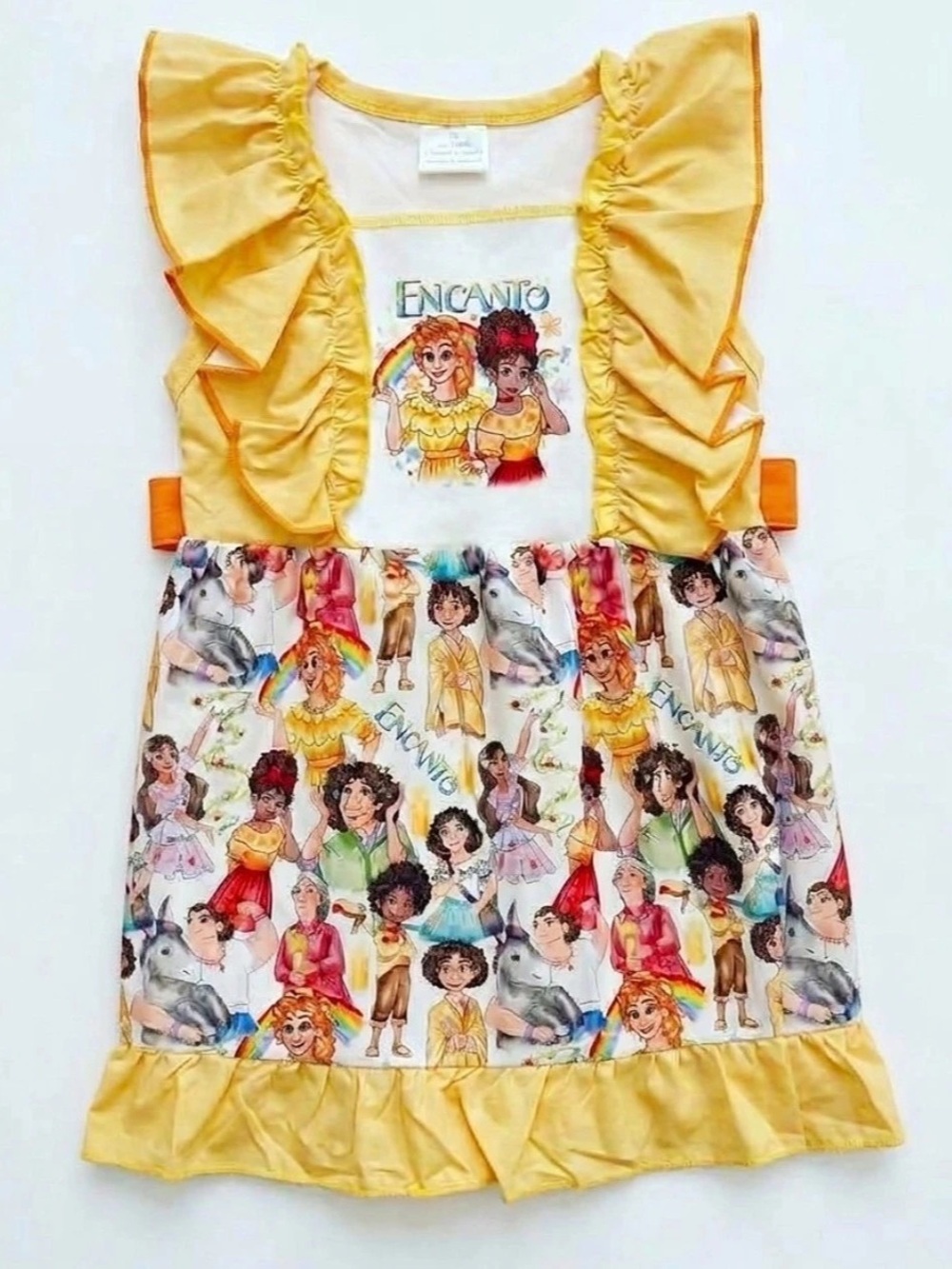 Disney Encanto Character Print Ruffle Dress Girls Yellow & White